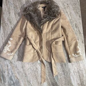 INC International Concepts Faux Suede Jacket w/ Faux Fur Collar embroidered